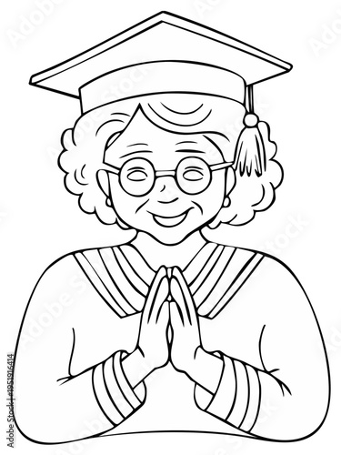 Line art of mature woman with graduation cap, gown, holding hands in prayer or thanks. Illustration of an educational event.