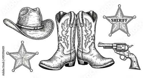 Engraved Wild West Icons Cowboy Hat Boots Sheriff Badge Revolver EPS10 Stock.eps