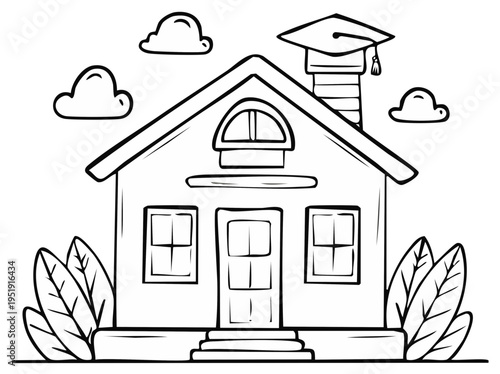 House with Graduation Cap on Chimney Line Art Home Education Concept