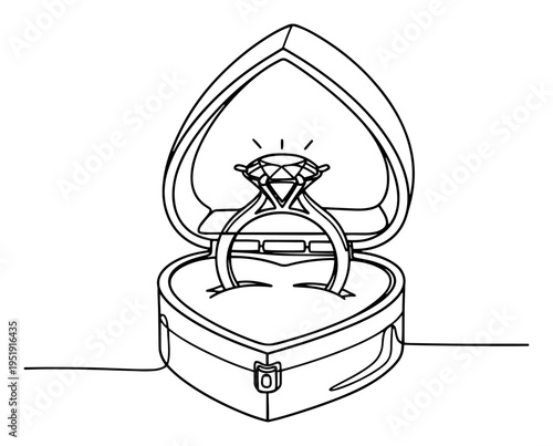 Diamond engagement ring in heart box one line drawing, minimalist continuous line art for marriage proposal and jewelry design, wedding and love gift illustration