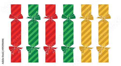 A vibrant arrangement of six christmas crackers featuring red green and yellow striped designs with tied ribbons high quality