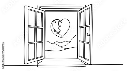 Open window looking at heart shaped world in landscape one line drawing, minimalist continuous line art for love peace and global environment concept