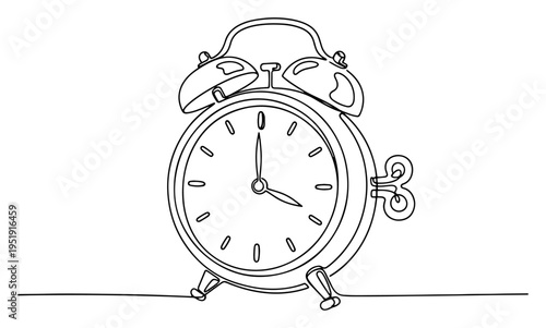 Retro alarm clock one line drawing, minimalist continuous line art for time management and morning wakeup concept, vintage clock illustration