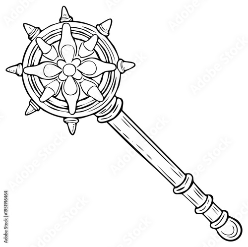 Medieval weapon mace illustration in black and white outline style