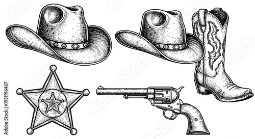 Detailed Western cowboy gear in classic engraving style Hats boot badge revolver EPS10 Stock.eps