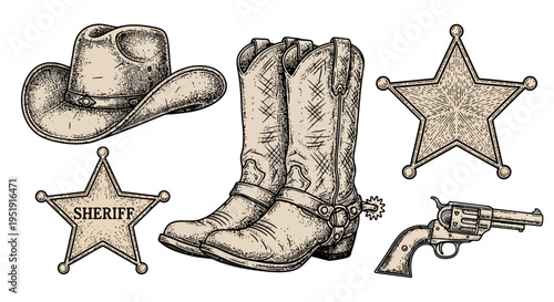 Engraved Old West set cowboy hat boots sheriff badge revolver EPS10 Stock.eps