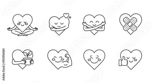 Cute Outline Heart Icons Set for Self Care Wellness and Emotional Health EPS10 Stock.eps