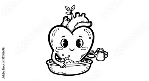 Cute hand drawn heart character nurturing a sprout Black and white doodle illustration style EPS10 Stock.eps