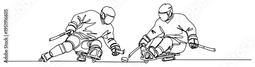 Sledge hockey players para-ice hockey one line drawing, disabled sports inclusive athletes minimalist continuous line art, competition and team work illustration