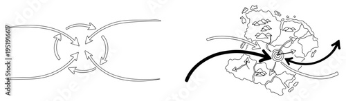 Global logistics and circular process diagram set, world map with arrows and exchange cycle icons, minimalist continuous line art for business strategy
