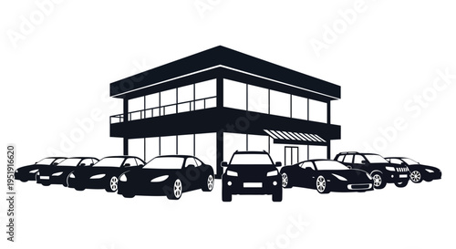A black and white illustration depicts a modern car dealership building with several vehicles displayed in front high quality