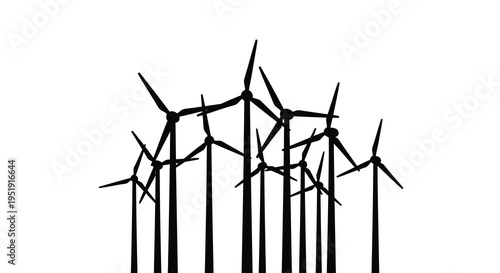 A stark black and white illustration depicts a dense field of wind turbines against a plain white background symbolizing renewable energy