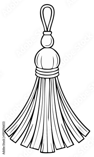 Stylized decorative tassel with a loop and banded ornament simple line art