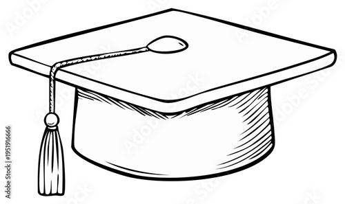 Academic Graduation Cap with Tassel on White Background Hand Drawn Sketch Illustration