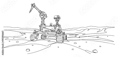 Mars rover space exploration one line drawing, planetary robot on surface minimalist continuous line art, technology and science discovery illustration