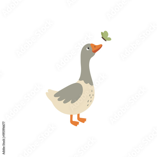 Cute grey goose looking at butterfly flat illustration scandinavian style