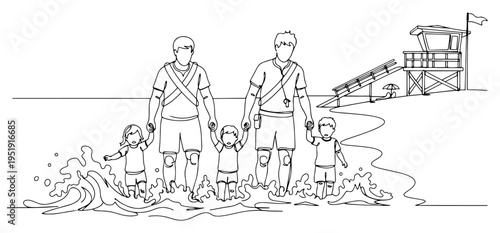 Family walking on beach with waves and lifeguard tower one line drawing, minimalist continuous line art for summer vacation and travel concept
