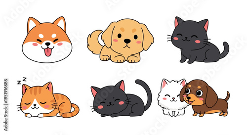 Adorable Kawaii Cartoon Cats and Dogs Vector Set EPS10 Stock.eps