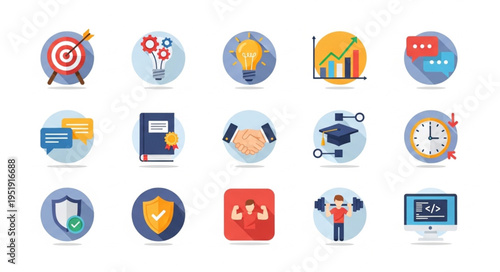Business Strategy and Development Icons Set - Goals, Ideas, Growth, and Collaboration.