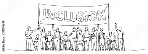 Diverse group of people holding inclusion banner one line drawing, accessibility and social diversity minimalist continuous line art, community concept