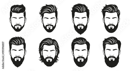 A collection of monochrome illustrations featuring eight different bearded men with varied hairstyles and facial hair high quality professional