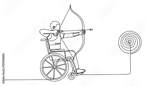 Archer in wheelchair one line drawing, disabled athlete practicing archery minimalist continuous line art, para-sports inclusion and determination
