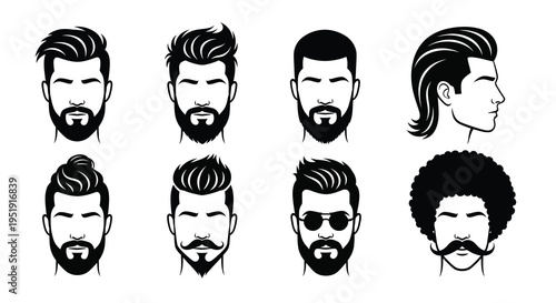 A collection of diverse male hairstyles and facial hair depicted in a minimalist black and white vector design