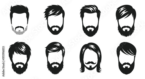 A collection of eight distinct black and white illustrations showcasing various modern male hairstyles and facial hair high quality