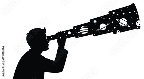 A silhouetted figure gazes through a telescope displaying planets stars and celestial bodies within its frame high quality professional