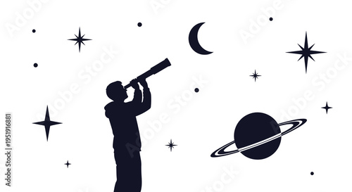 A silhouetted figure intently gazes through a telescope at a celestial scene featuring a crescent moon and planets