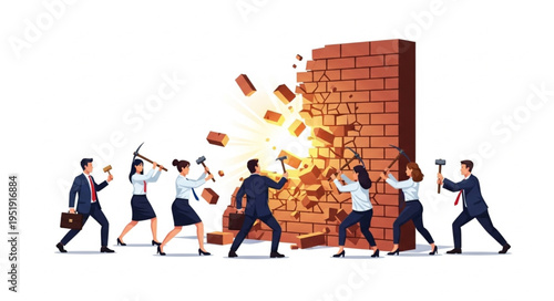 Business People Breaking Down Brick Wall.