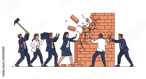 Business People Breaking Down Brick Wall.