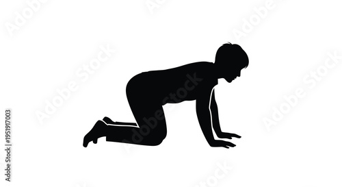 A stark silhouette depicts a person in a crawling posture facing forward against a plain white background high quality
