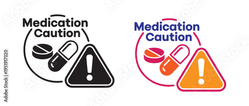Medication caution warning symbols with pills and exclamation mark for health awareness