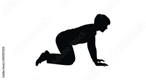 A stark silhouette depicts a person on all fours seemingly crawling or poised for movement against a white background
