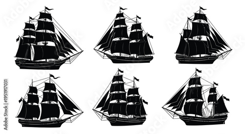 A collection of six detailed black silhouette illustrations depicts various sailing ships with multiple masts and sails high quality