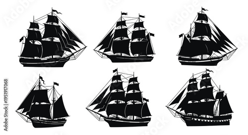 A collection of six detailed black silhouettes depicts various sailing ships with prominent masts and billowing sails high quality