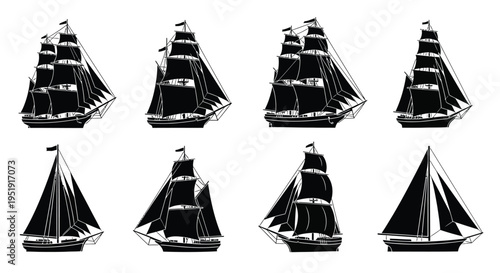 A collection of vintage sailing ships and smaller boats depicted in a stark black silhouette style high quality professional