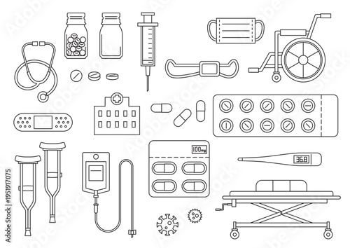 薬・注射・マスク　病気や医療のアイテムセット　白い塗りつぶしあり