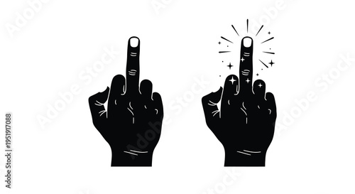 Two black silhouette hands displaying the middle finger one with added sparkling starburst effects high quality professional detailed modern
