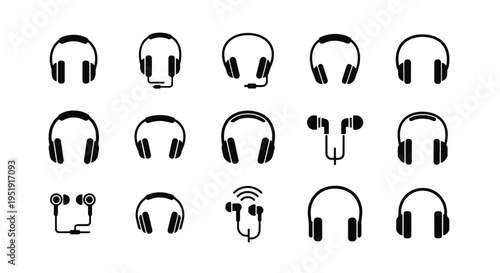 Collection of Communication Earphones Representing Various Designs of Audio Devices Useful in Different Applications like Music Gaming Podcasts Sound Recording Listening and Communication