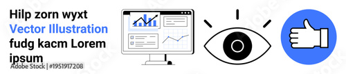 Market analysis, data approval, business growth, social feedback, vision monitoring, conceptual insights. Bar graph on screen, eye icon and thumbs-up symbol. Market analysis and data approval