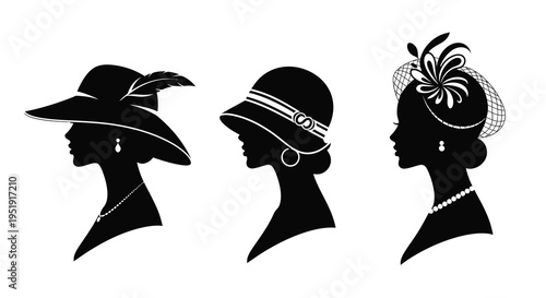 A striking black and white illustration depicts three elegant women in profile each adorned with a different vintage hat and jewelry