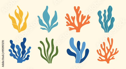 Stylized Seaweed Collection Vibrant Aquatic Plants for Creative Marine Themes Featuring Colorful Sea Flora in Aquatic Ecosystems and Marine Life Depictions Underwater Flora Elements