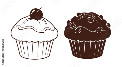 An illustration depicts two distinct cupcakes one vanilla and one chocolate both adorned with paper liners high quality professional