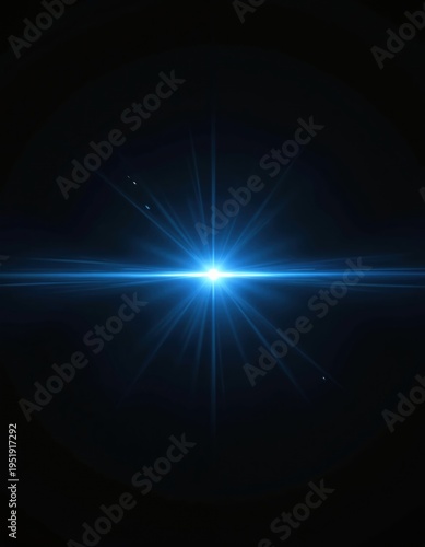 Bright blue light beam horizontal streak. Radial abstract glow effect. Minimalist design, dark background, clean energy concept. Cosmic phenomenon science digital art.