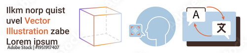 Language learning, global communication, translation technology, linguistics, speech recognition, digital tools. Speech bubble, translation icons cube graphics. Language learning and global