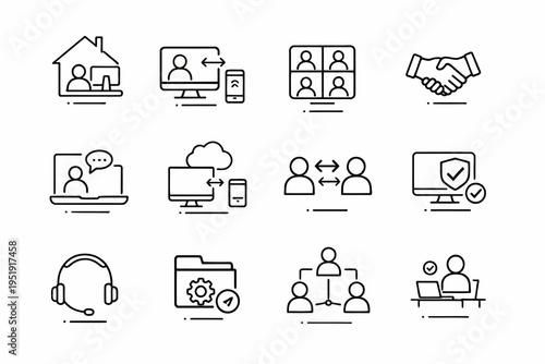 Illustrations depicting various forms of remote work and collaboration tools