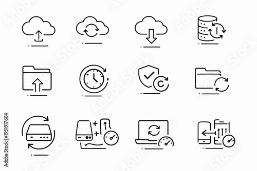 Illustrations of various cloud and data backup operations and concepts