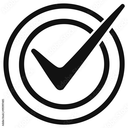 Simple black and white graphic check mark symbol inside concentric circles indicating approval or success